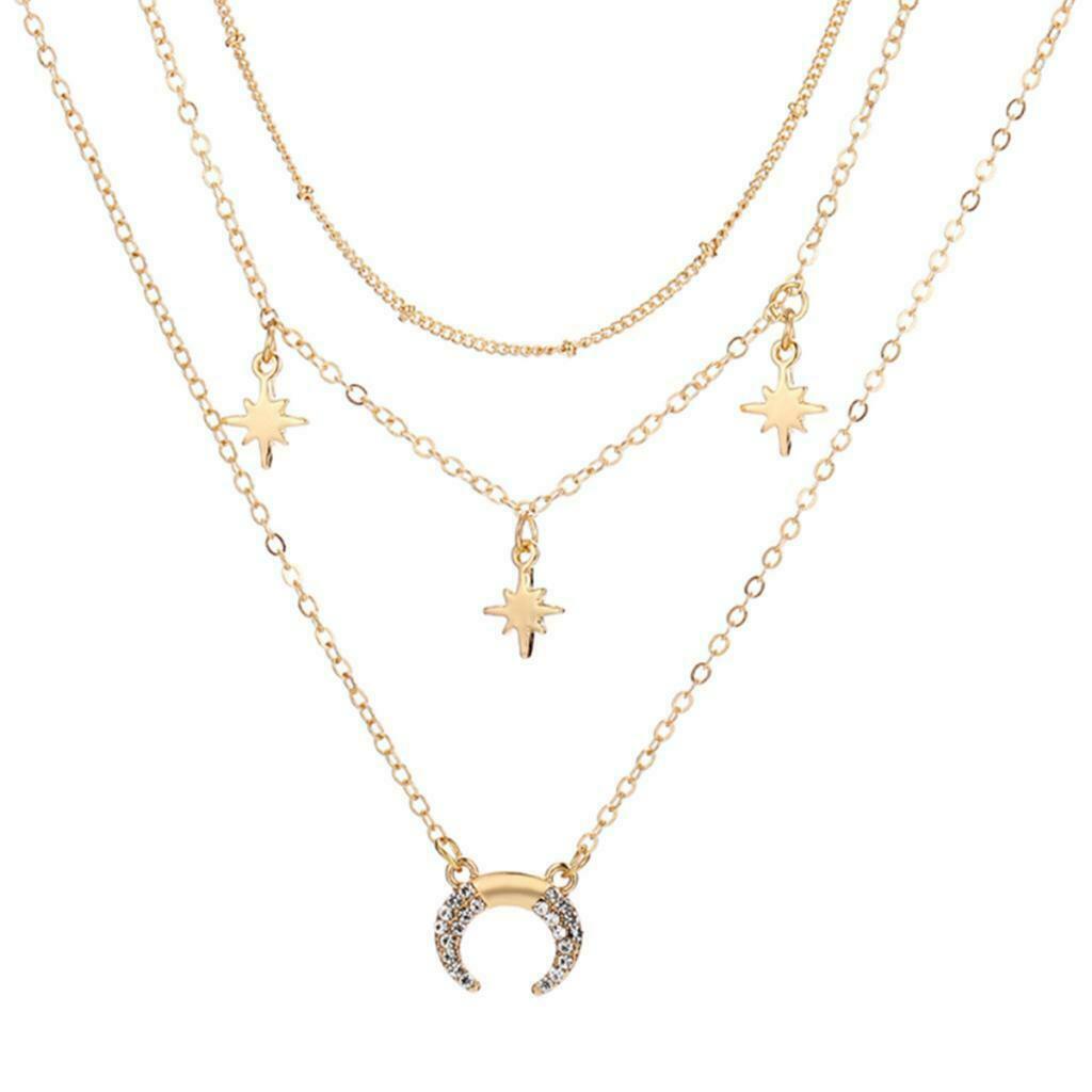 Star Moon Crescent Drop Charm Pendant Necklace Long Chain Boho Jewelry