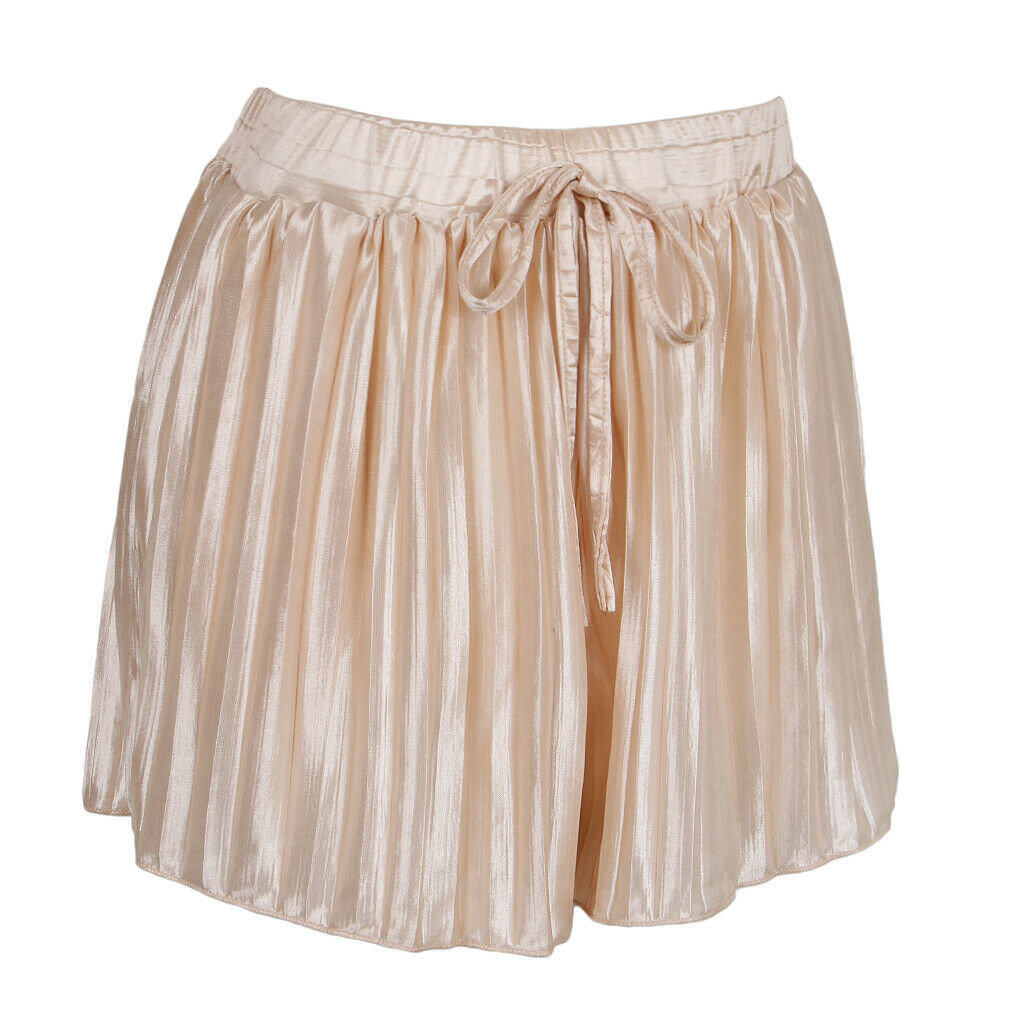 Womens Casual Pleated Chiffon Shorts Culottes Wide Leg Mid Rise L Beige
