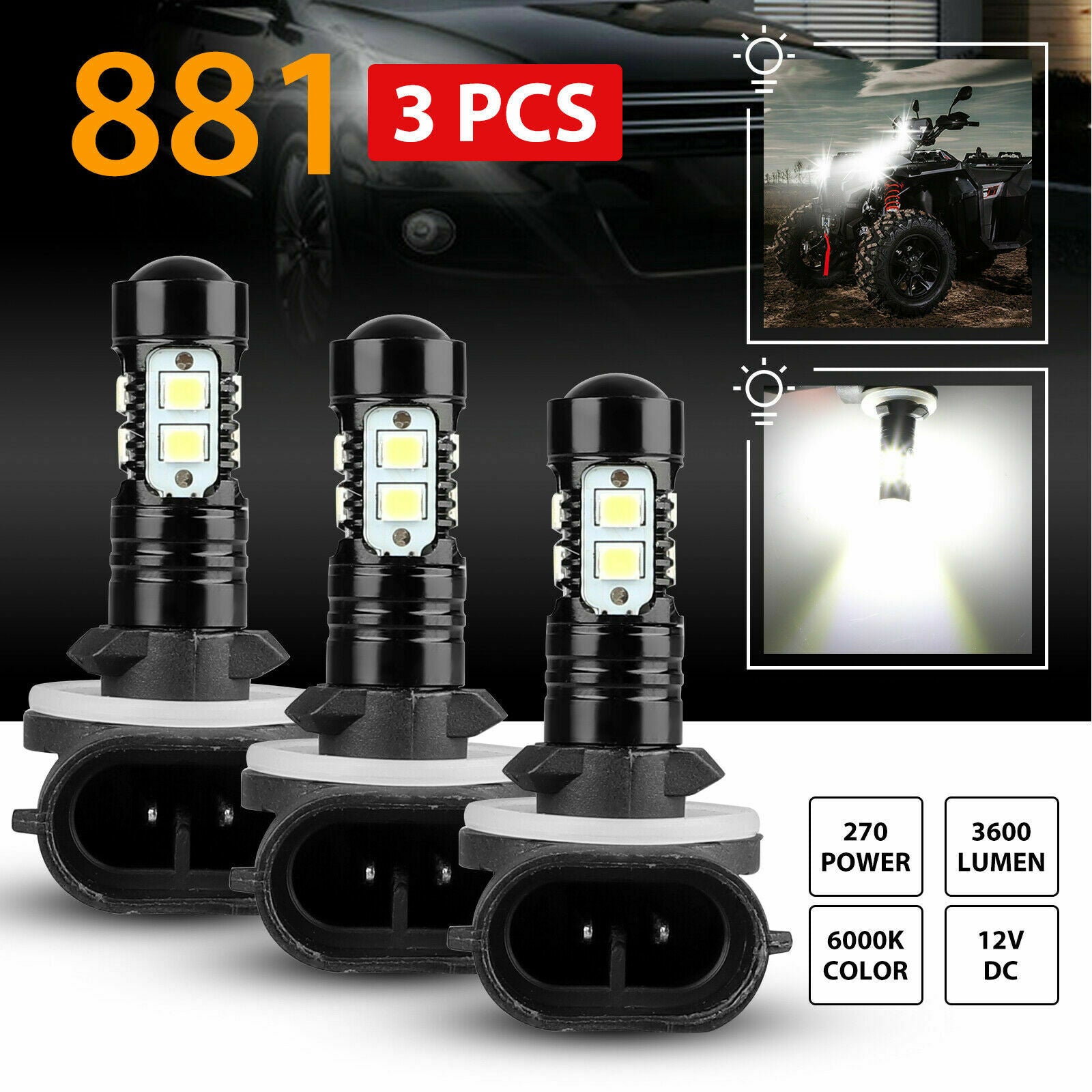 3PCS 881 LED Headlight Kit Fog Light Lamp Bulbs 10SMD White 6000K High Power