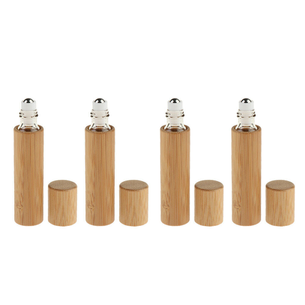 4 lot Travel Bamboo Essential Oil Fragrance Roller Bottles Vials Container