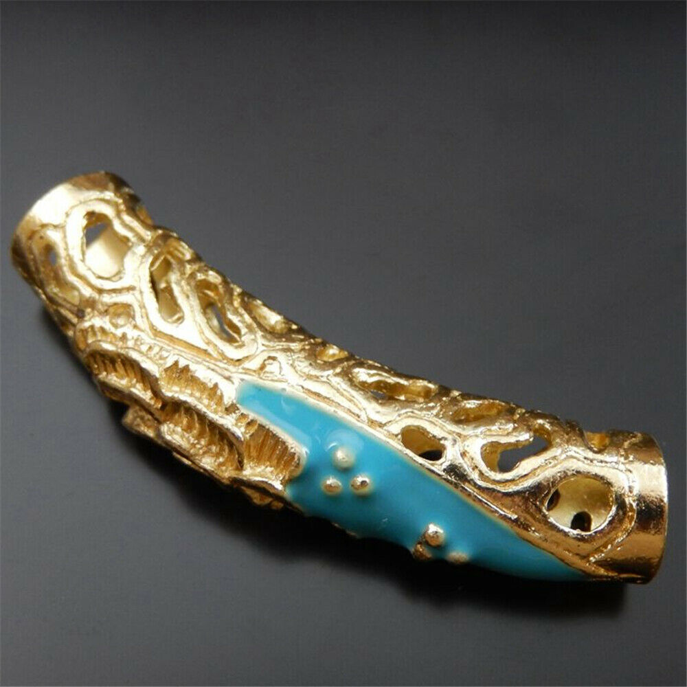 3 Golden Alloy Bent Hollowed Floral Tube Bead Charm Engraved Pipe Pendant 48*9mm