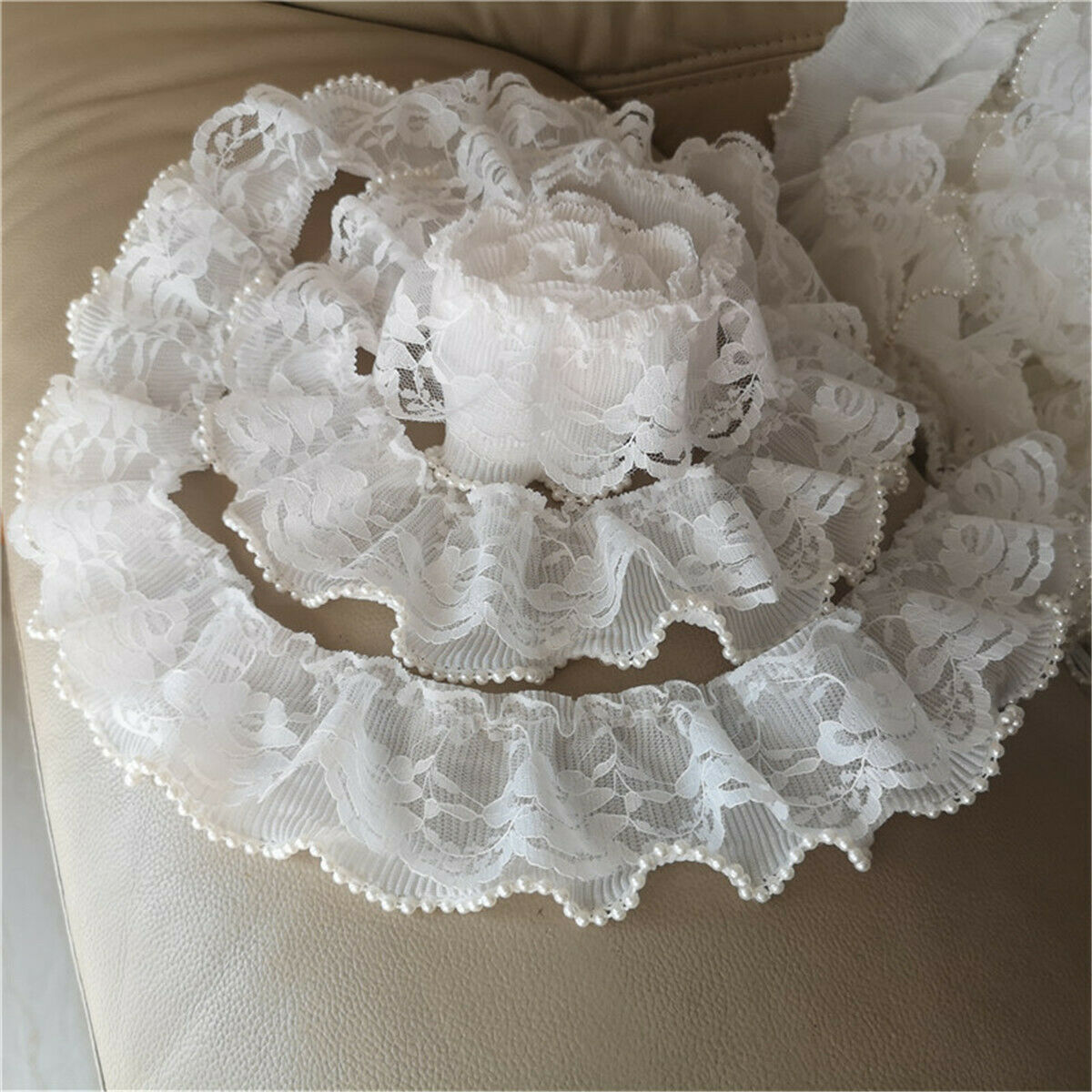 50cm Polyester 2 Layer Bead Pleated Lace Trim Ribbon Dress Cuff Sewing DIY Craft