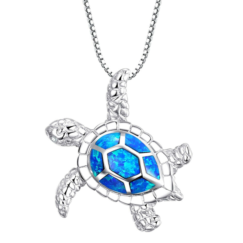Blue Opal Sea Turtle Pendant Necklace Women Beach Chain Choker Jewellery Gift HN