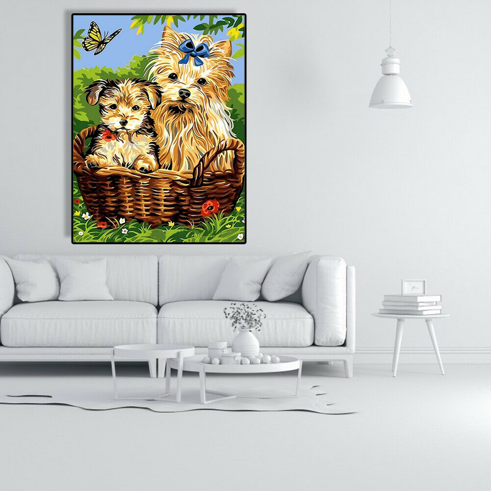 Painting By Numbers Kit DIY Two Dogs Canvas Oil Wall Picture Home Artwork @