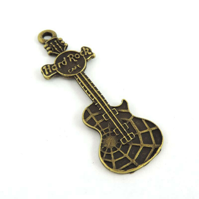 6 Retro Bronze Guitar Charm Alloy Pendant Musical Necklace Jewelry Craft 62*21mm
