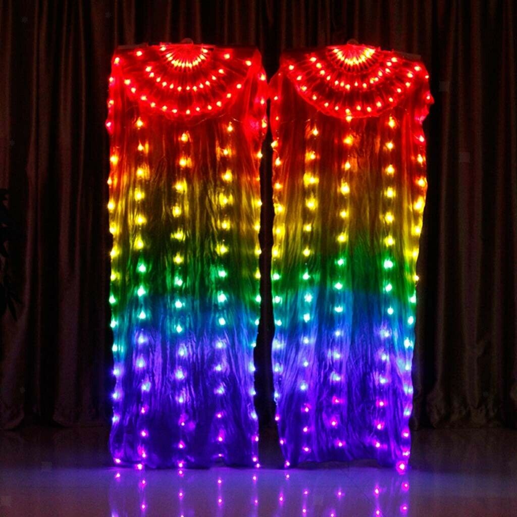 Single Real Silk Fairy LED Lights Belly Dance Hand Fan Veils Party Costume