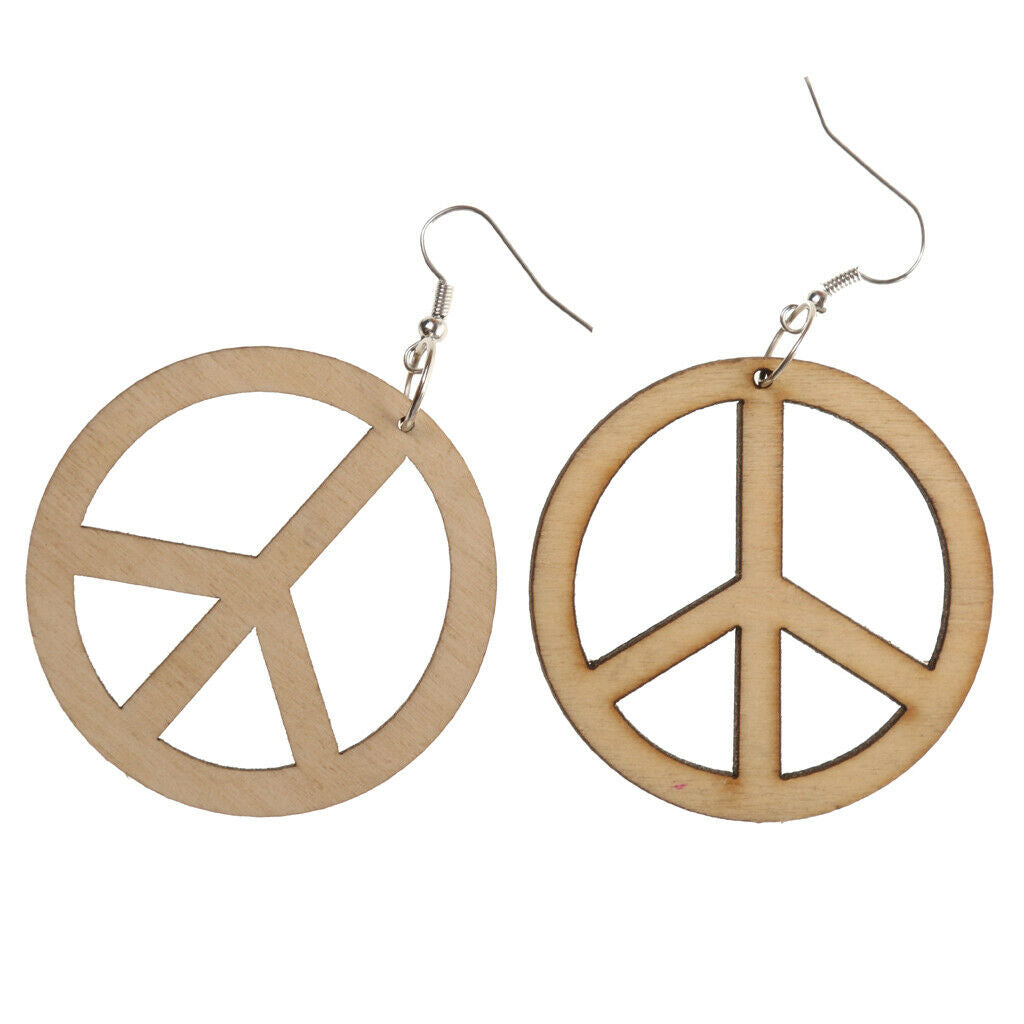 Hollow Anti War Peace Sign Wooden Drop Dangle Hook Earrings