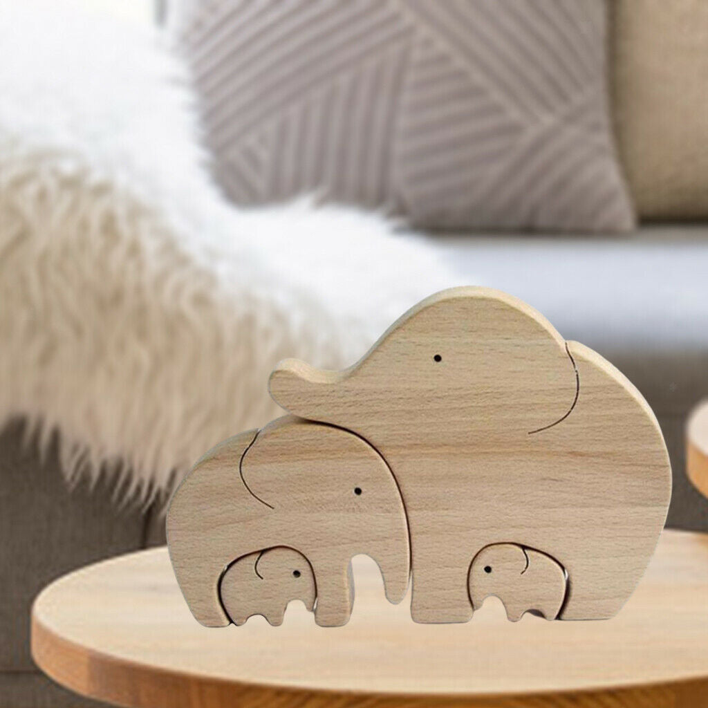 Elephant Family Statue Wood Animal Sculpture Indoor Home Decor Mother's Gifts