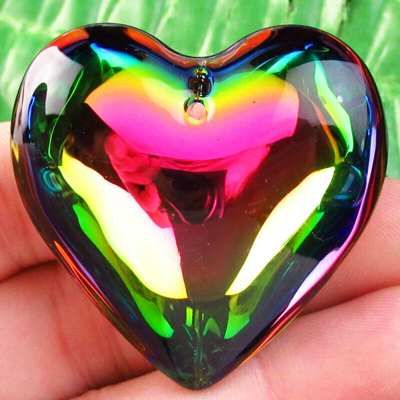 2Pcs 43x42x16mm Rainbow Titanium Crystal Heart Pendant Bead A-205SJ