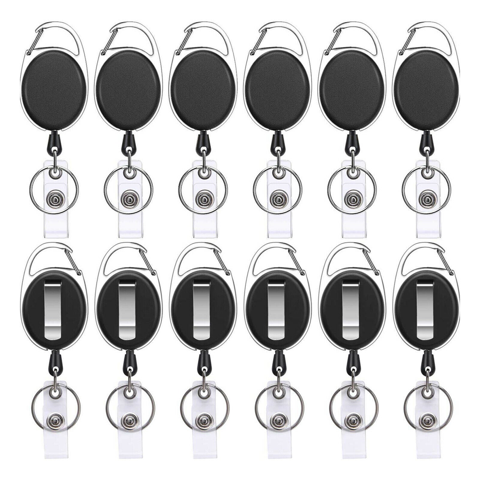 12x Black Heavy Duty Retractable Badge Reel Key Ring for Office Worker