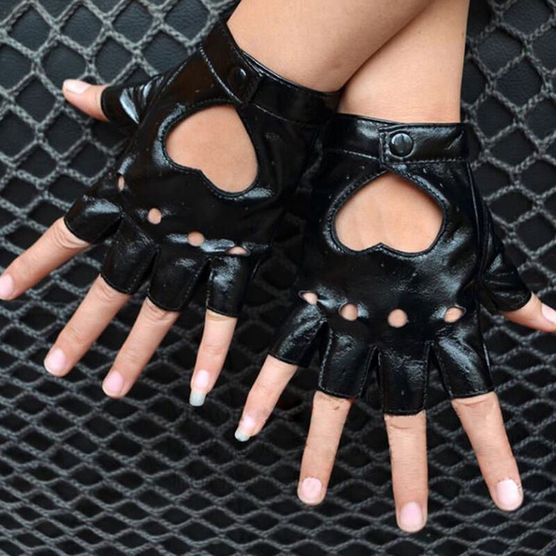 Women Punk Leather Driving Biker Fingerless Mittens Dance Motorcycle Gloves BDAU