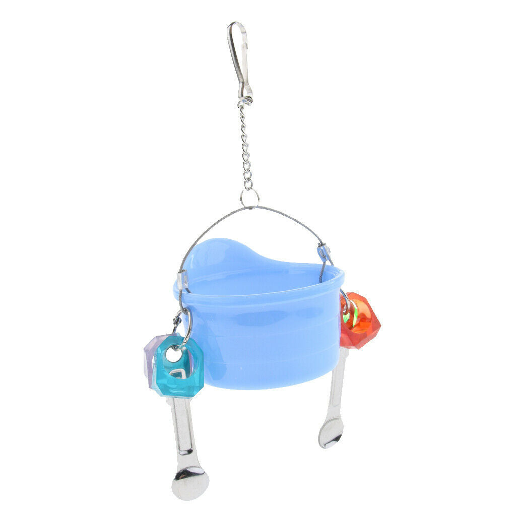 Birds Parrots Stand Hanging Plastic Food Cup Holder Swing with 2 Spoons Blue