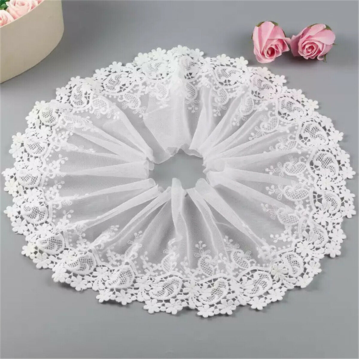 White Pleated Floral Lace Edge Trim Wedding Dress Fabric Sewing DIY Craft 1Yard