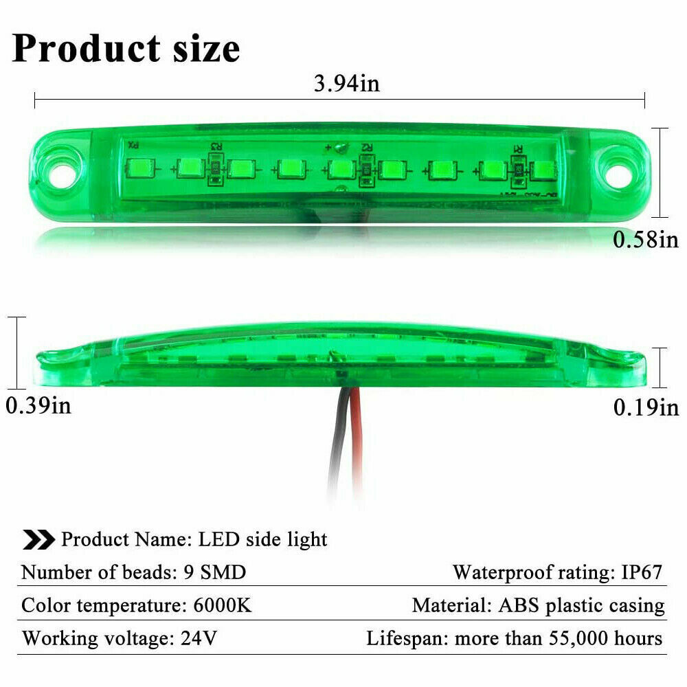 20X 9 LED 24V Sealed Side Marker Clearance Lights For Truck Trailer Lorry  Green