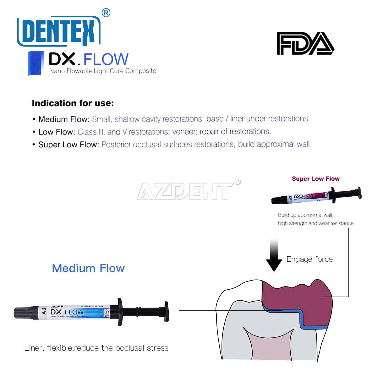 10PCS Dentex Dental Flowable Light Cure Composite Low Flow Shade A3 3g