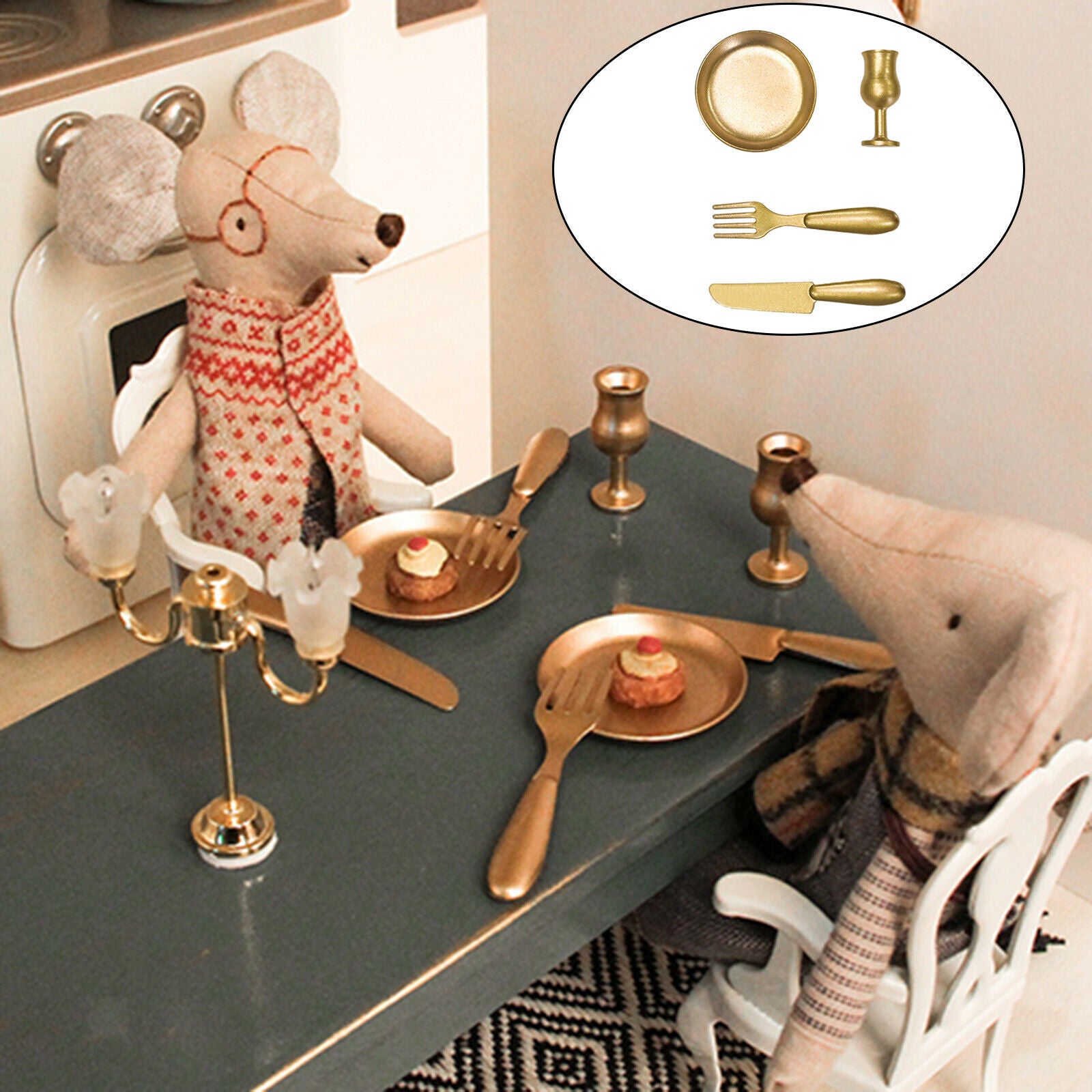 4Pcs 1/12 Scale Mini Plate Knives Fork Cup Tableware Set Furniture Decor