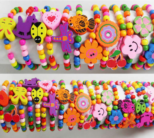 12Pc Lot Mixed Wholesale Kids Children Wood Elastic Bead Bracelets Favor Jewelry