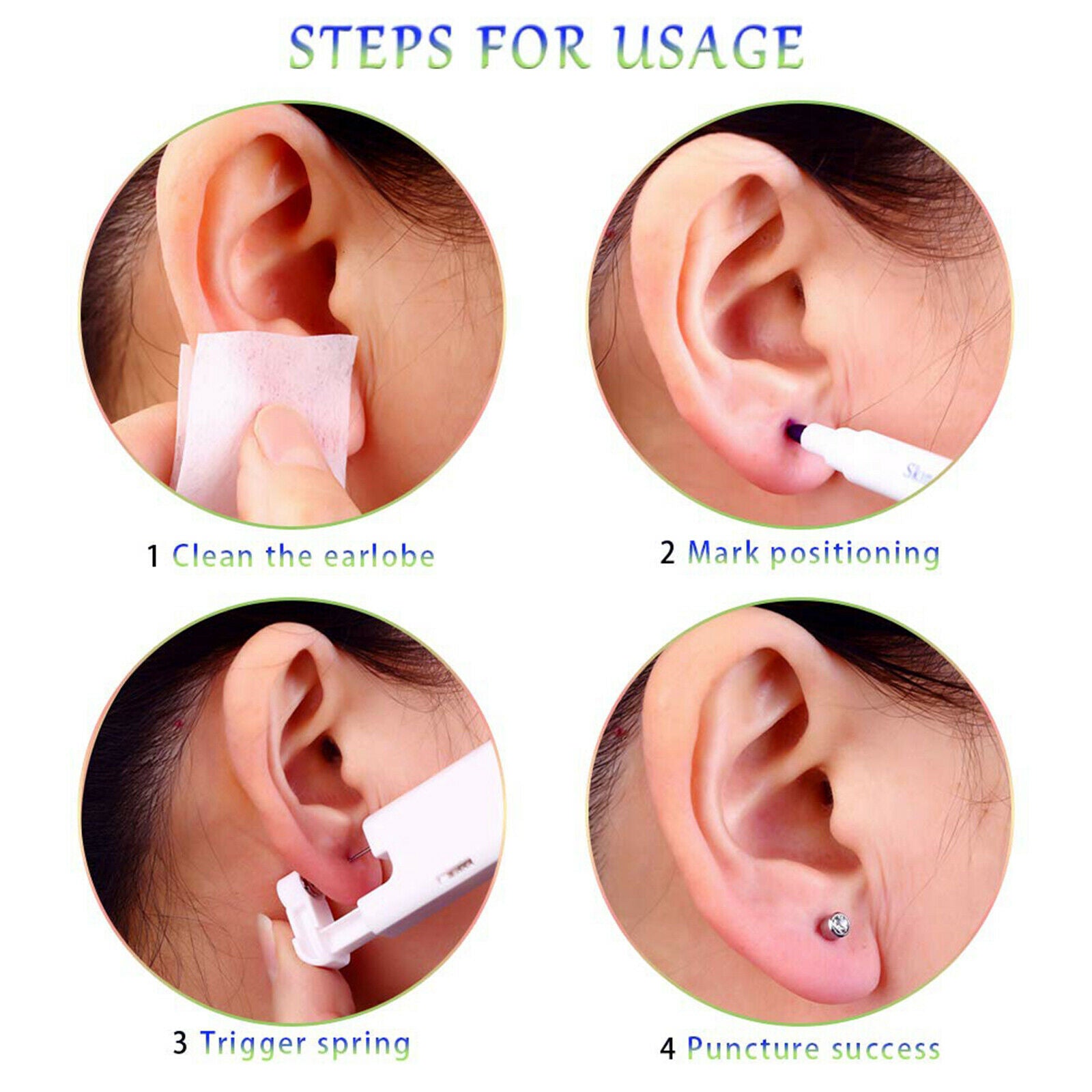 Disposable Ear Piercing Tool Earring Ear Stud Gun Kit Stud w/6 pack cleaning pad