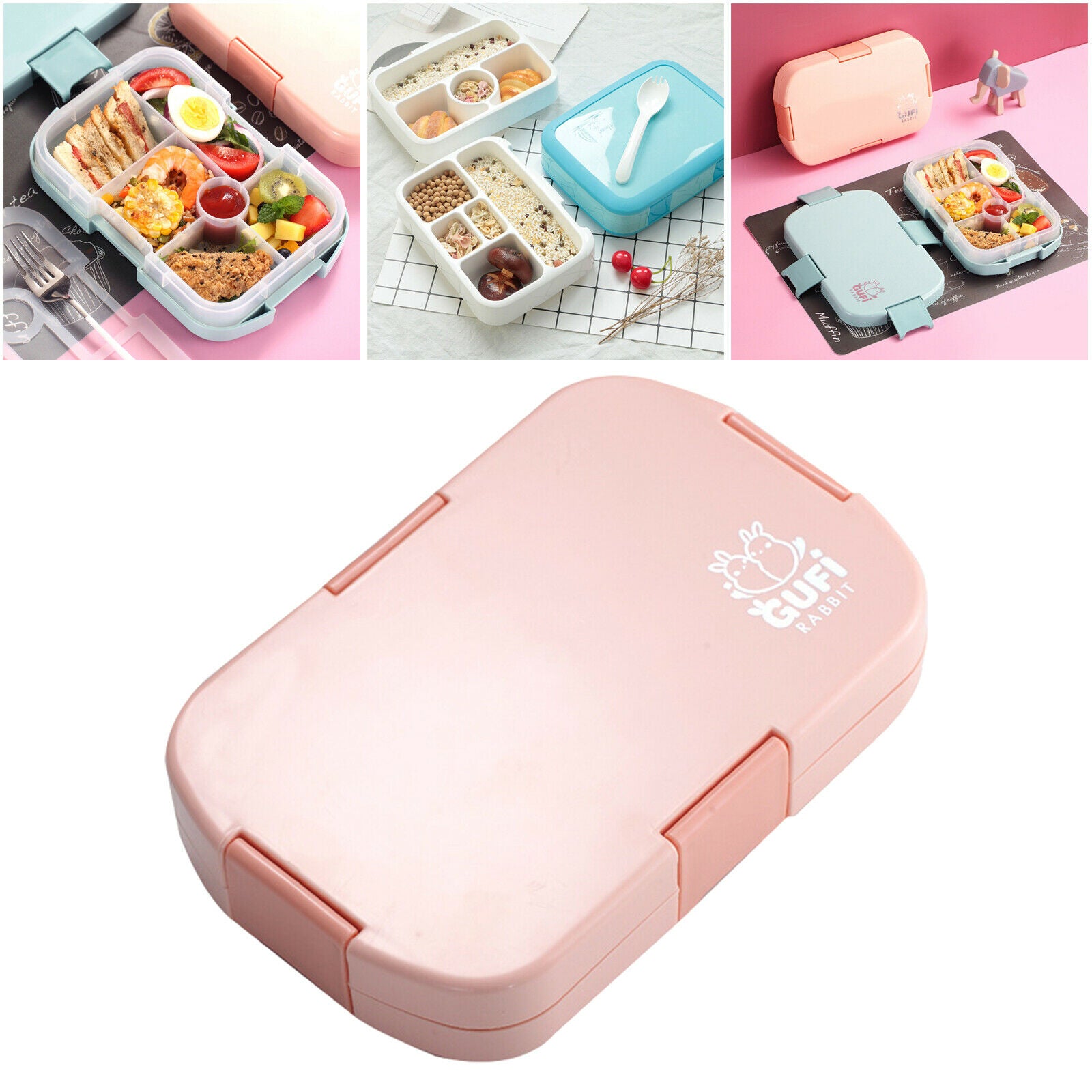 Portable ABS Kids Bento Box Outdoor Lunch Box 6 Grid Food Containers School Pink
