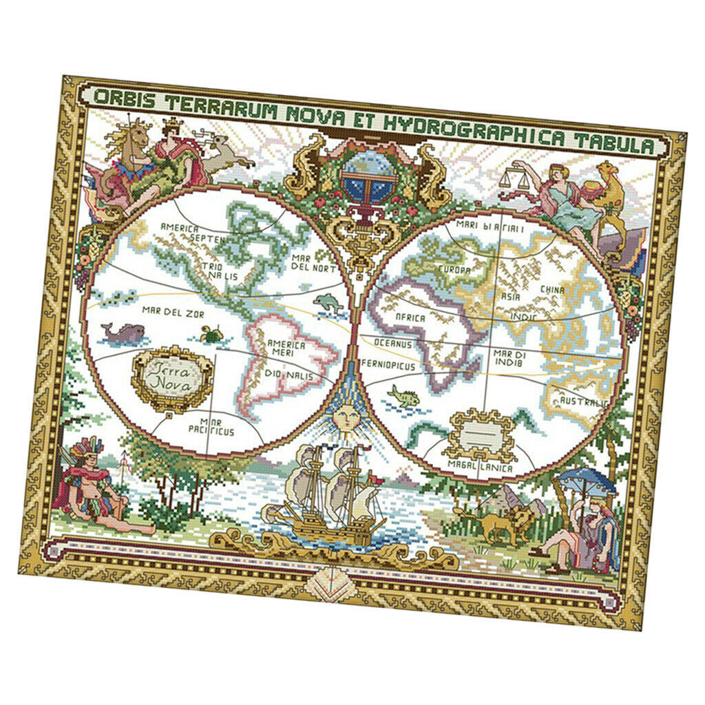 14CT 51x42cm Old World Map Stamped Cross Stitch Kit Needlework for Beginners