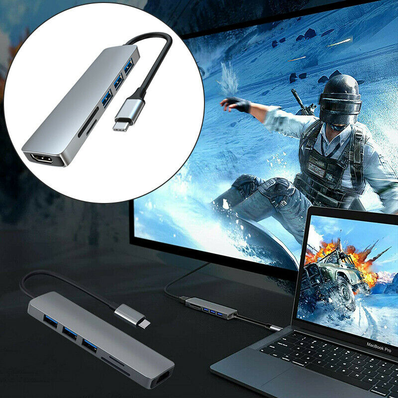 6 in 1 USB C Hub Type C to USB3.0 HDMI PD Card Reader Adapter for MacB LpC Tt