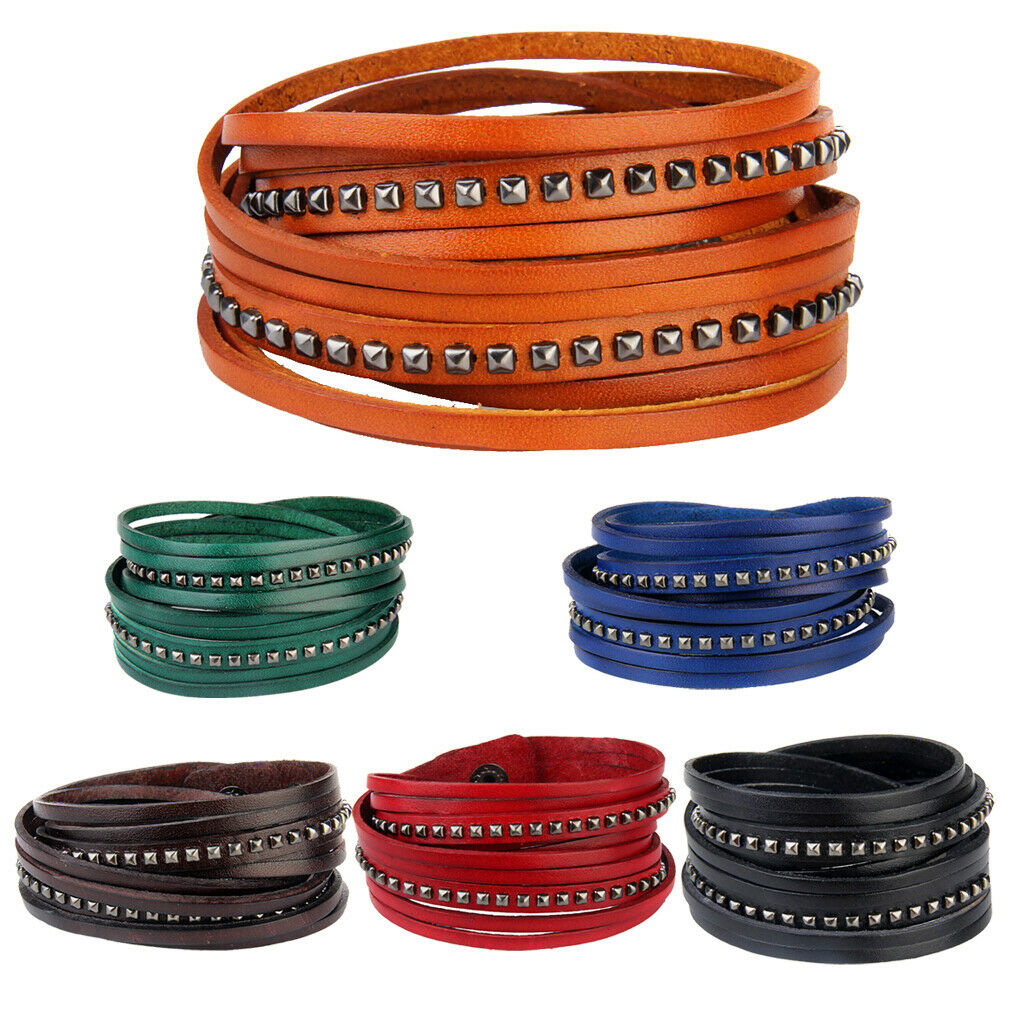 Rivet Punk PU Leather Wrap Wristband Multilayer Bracelet Adjustable Orange
