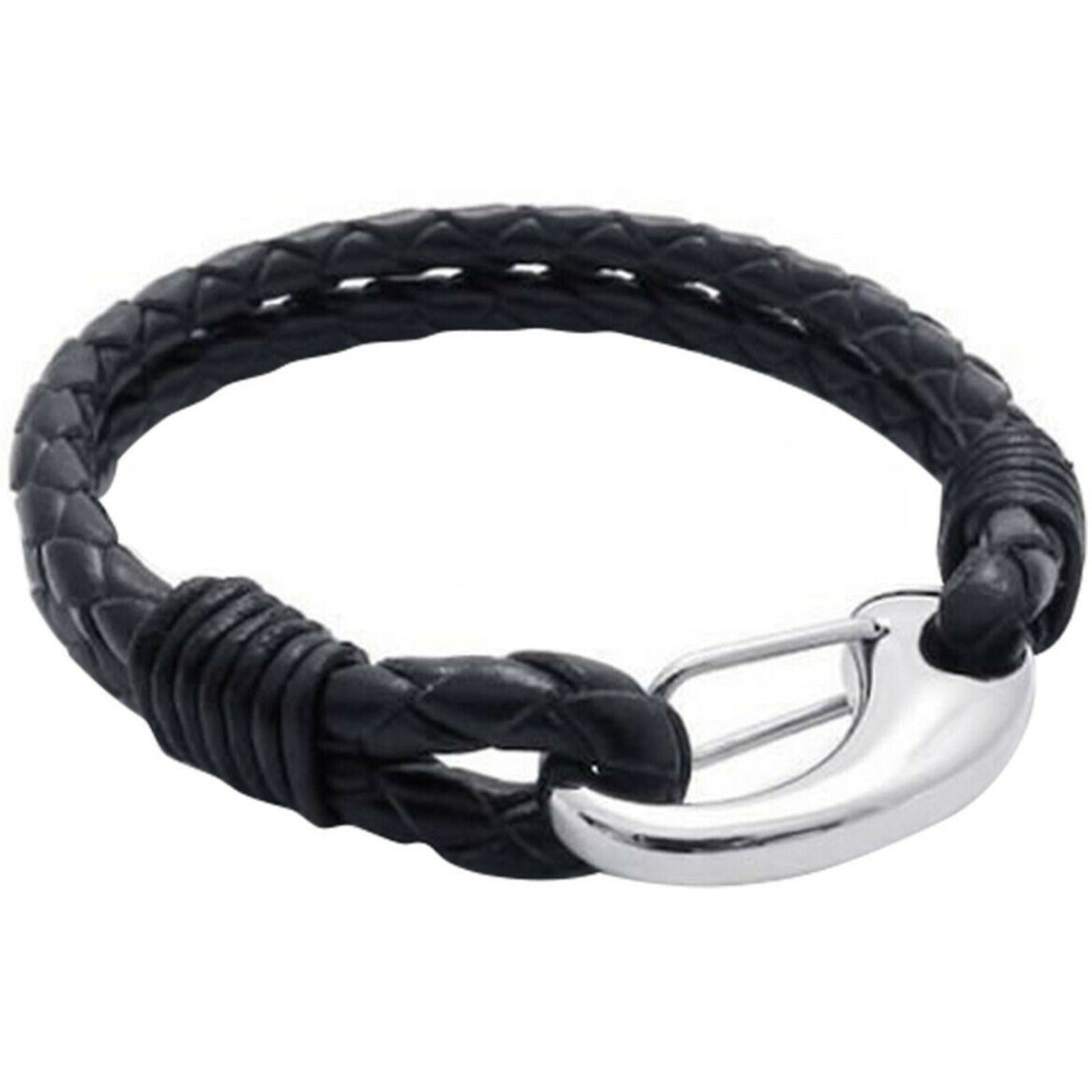 Men's Double Braided Black Leather Bracelet with Stainless Steel Clasp Bangle 8"