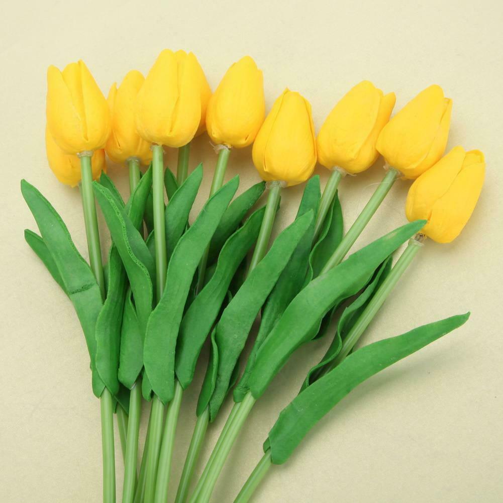 10pcs PU Tulips Artificial Flowers Bouquet Wedding Home Decor Props (Yellow @