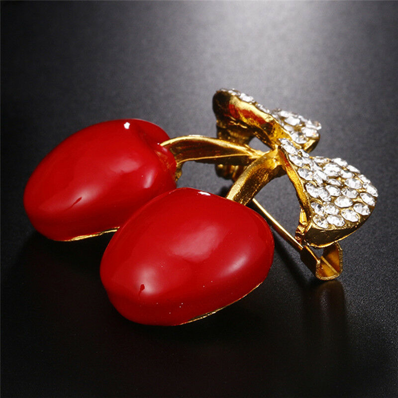 Enamel Rhinestone Crystal Red Cherry Brooch Pin Banquet Fruits Suits Pin.l8