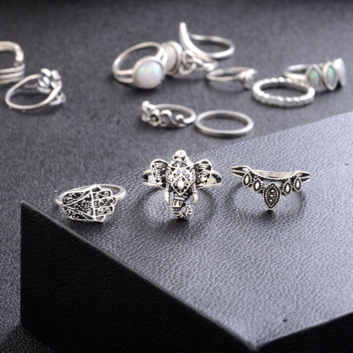 13 PCS/Set Boho Fatima Elephant Lotus Knuckle Rings Opal Rings Set Jewelry