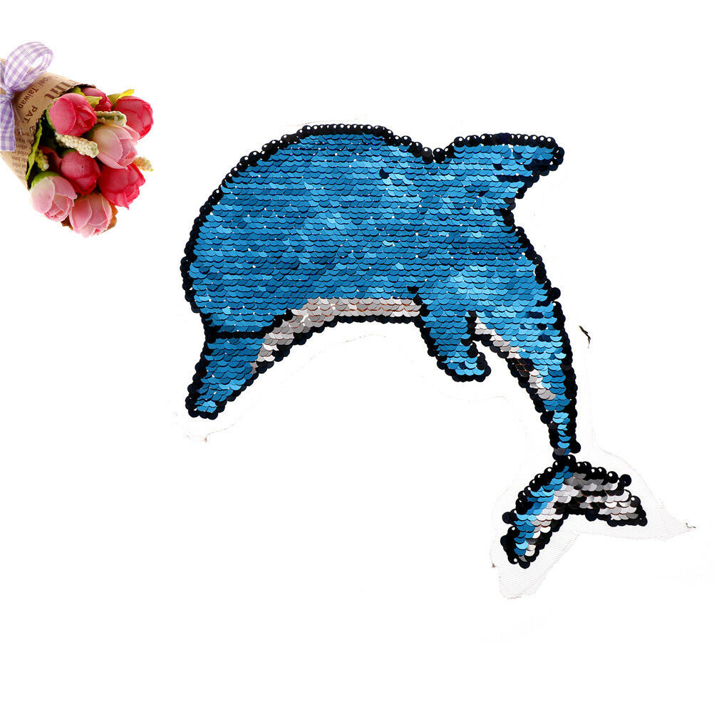 Dolphin Reversible Sequined Sew On Patches Embroidered Patch Applique  .l8