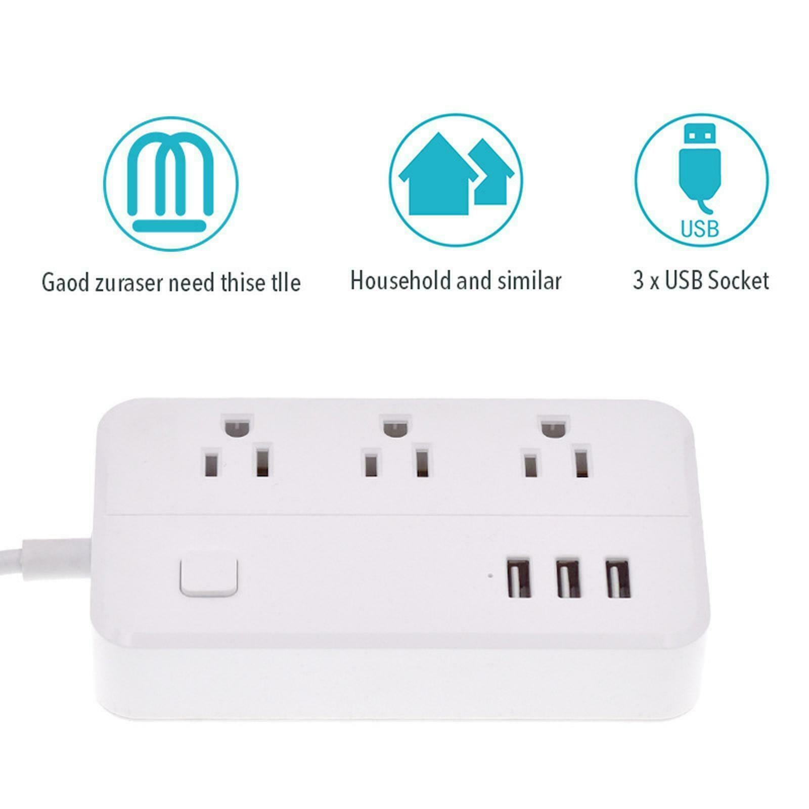 3 Outlet Plugs 3 USB Ports Power Strip Surge Protection Charging Station
