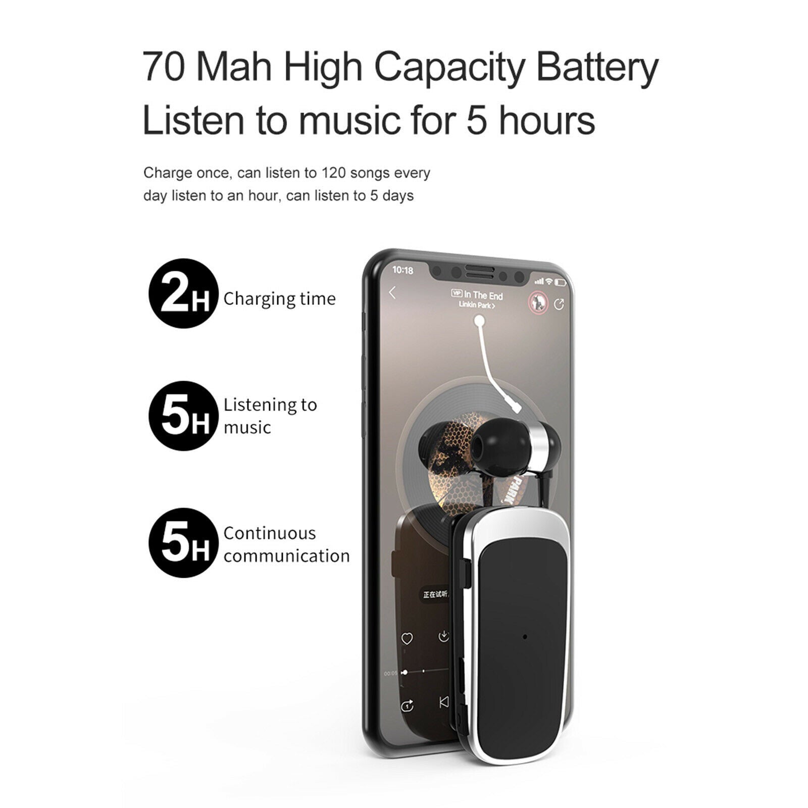 Bluetooth Headset Stereo Collar Clip Earphone Handsfree White with box