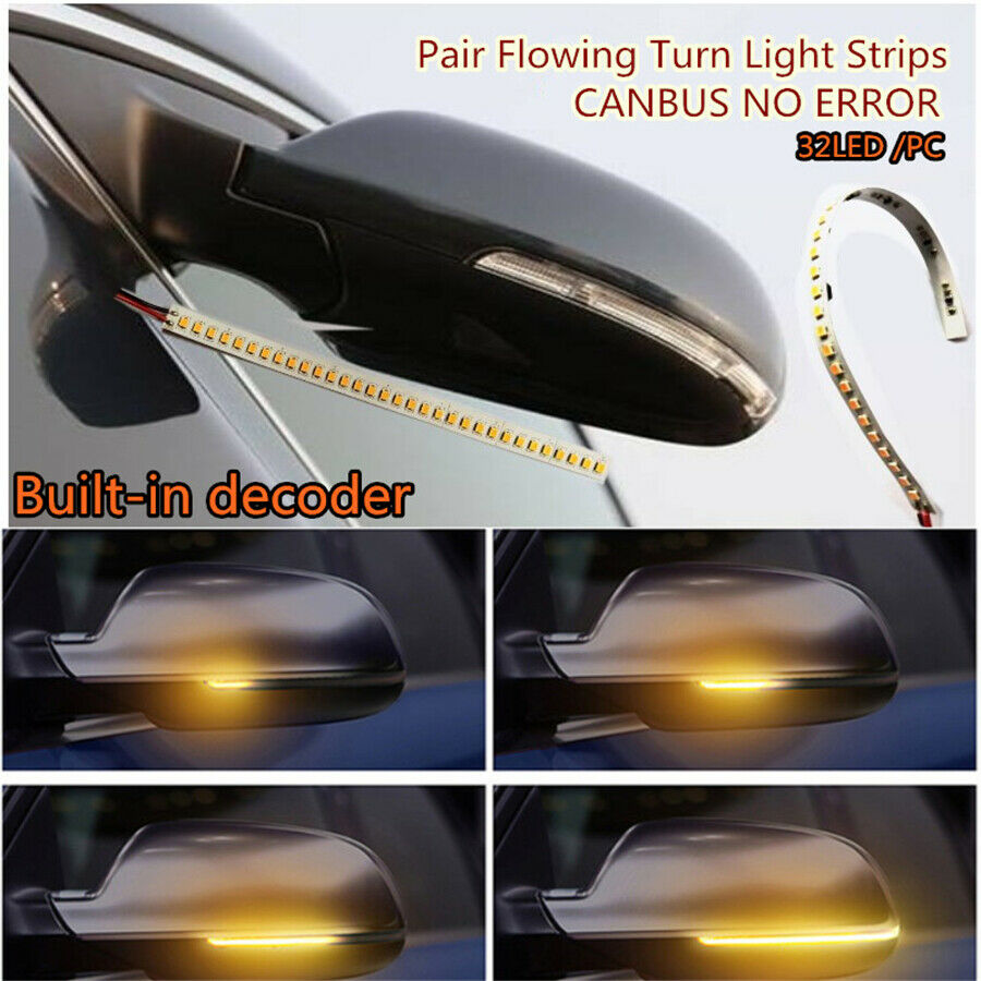 1 Pair 18cm Car Rear Mirrors Flexible Amber LED Flowing Turn Signal Strip Light