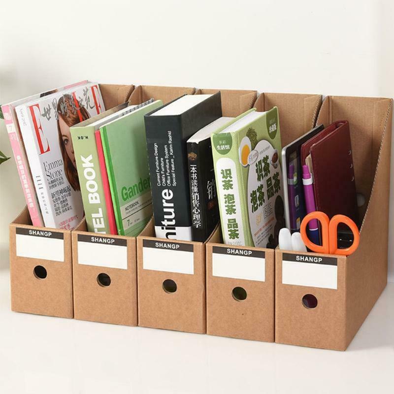 5pcs Office Document File Storage Box Kraft Magazine File Holders with Labels