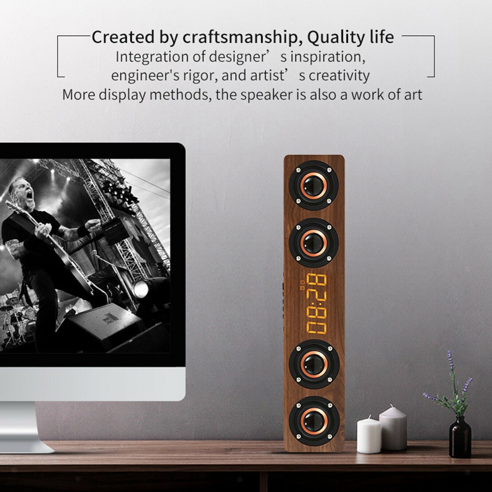 Bluetooth 12w Wooden Soundbar Retro Long Bar 4 Speakers for Home Office English