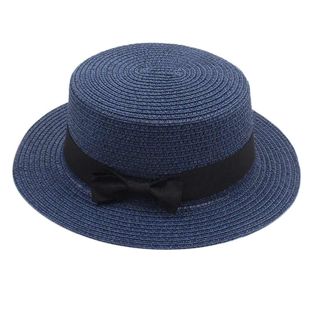 Church Bow Fedora Hat Breathable Wide Brim Sun Hat Summer Beach Navy