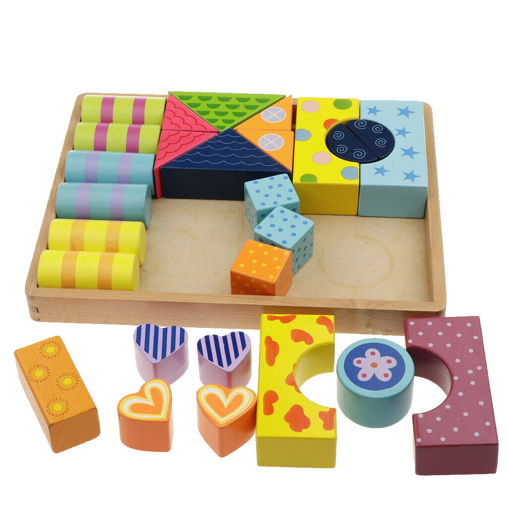 Classic Wooden Stripe Building Blocks Set w/ Storage Tray, Basic Build & Play