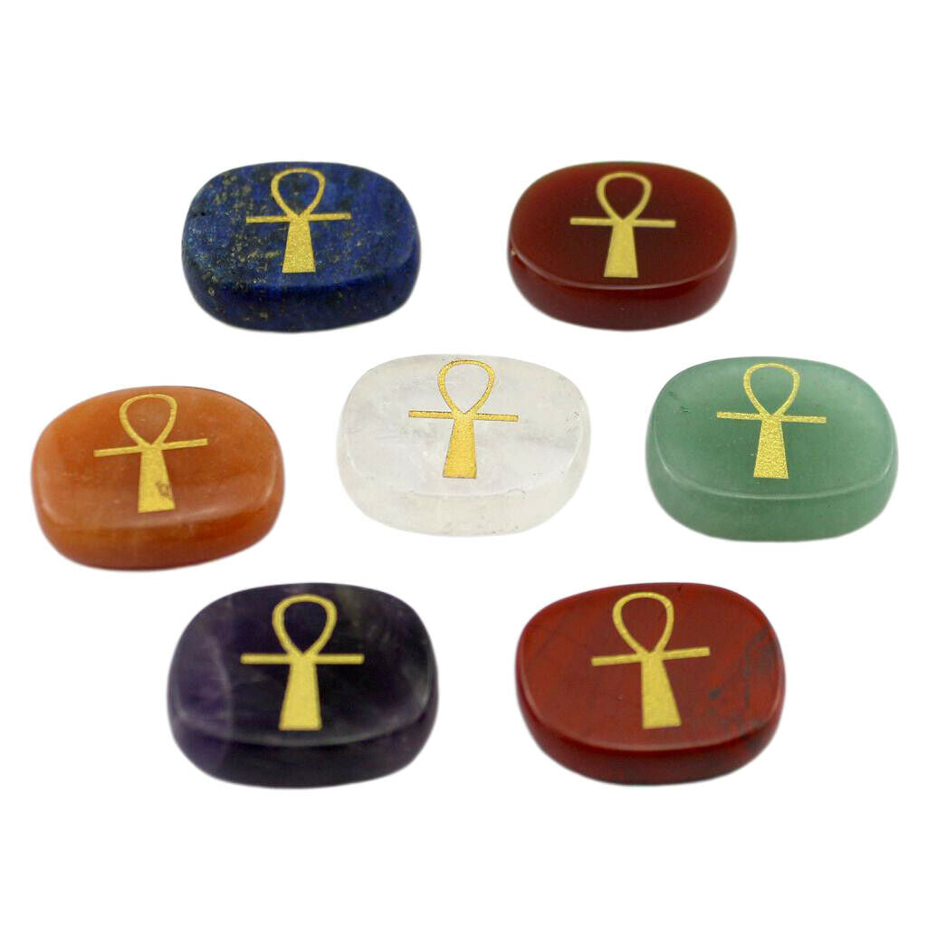7 Pack Engraved Egyptian Ankh Cross Stone Palm Pocket Stone Divination Reiki