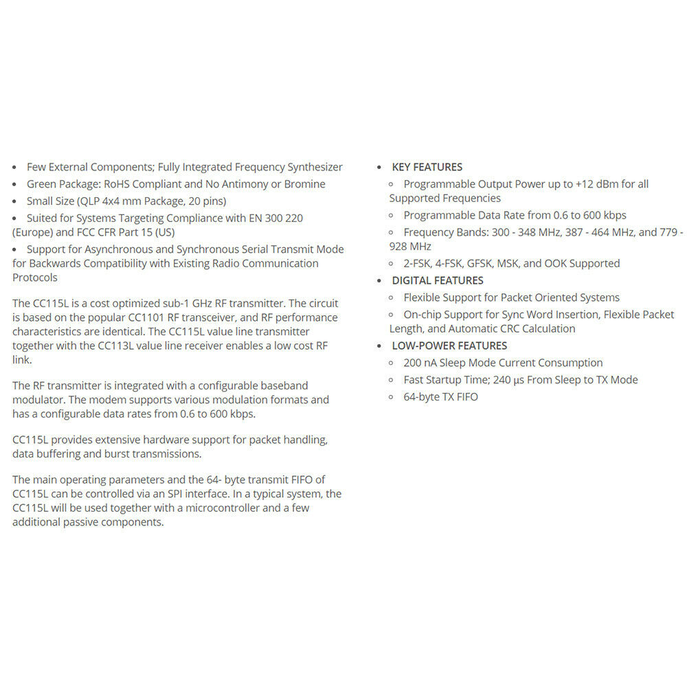 Sub-1 GHz RF Transmitter CC115LRGPR QFN-20 4x4mm 20Pin Wireless Transceiver Chip