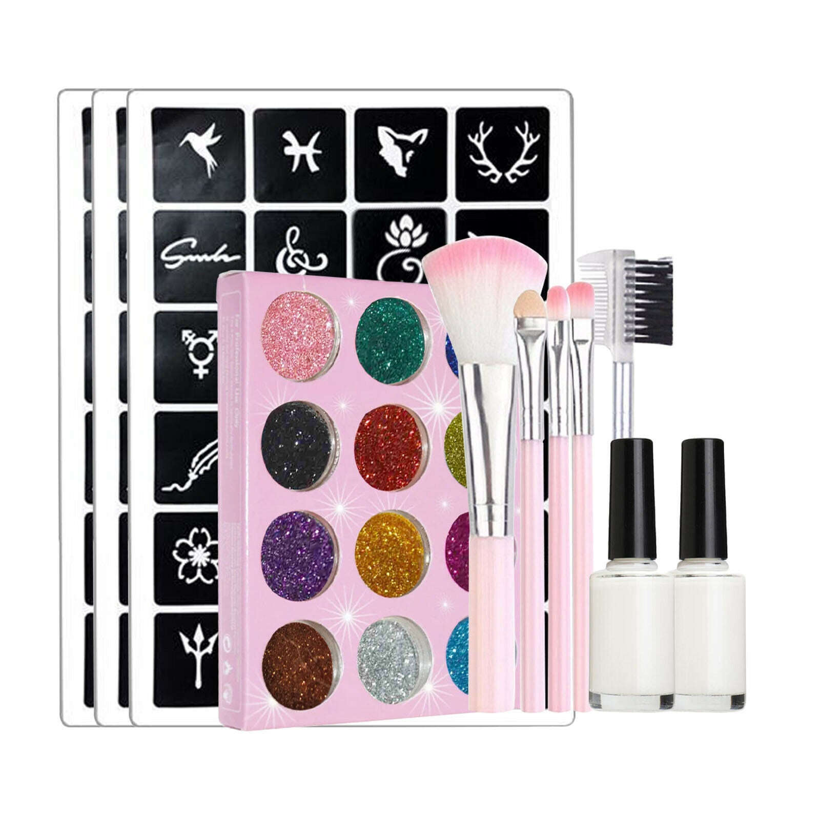 Body Glitter Tattoo Kit 12 Color Glitter Powder Stencils Glue Brush Set