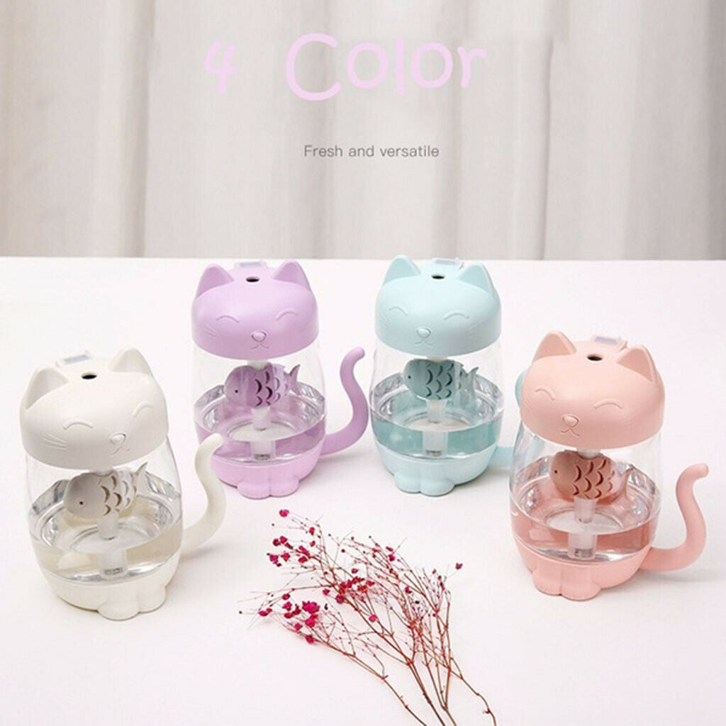 2x Portable Mini Cat Humidifier Fan LED Light for Car Home Desk Purple+Blue