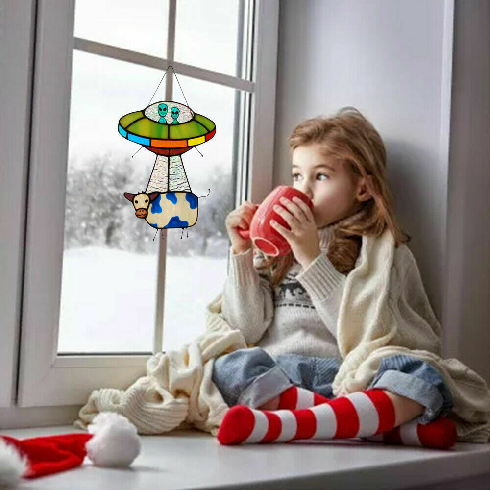 Creative Alien Cow Pendant Stained Glass Suncatcher Window DIY Garden Decoration