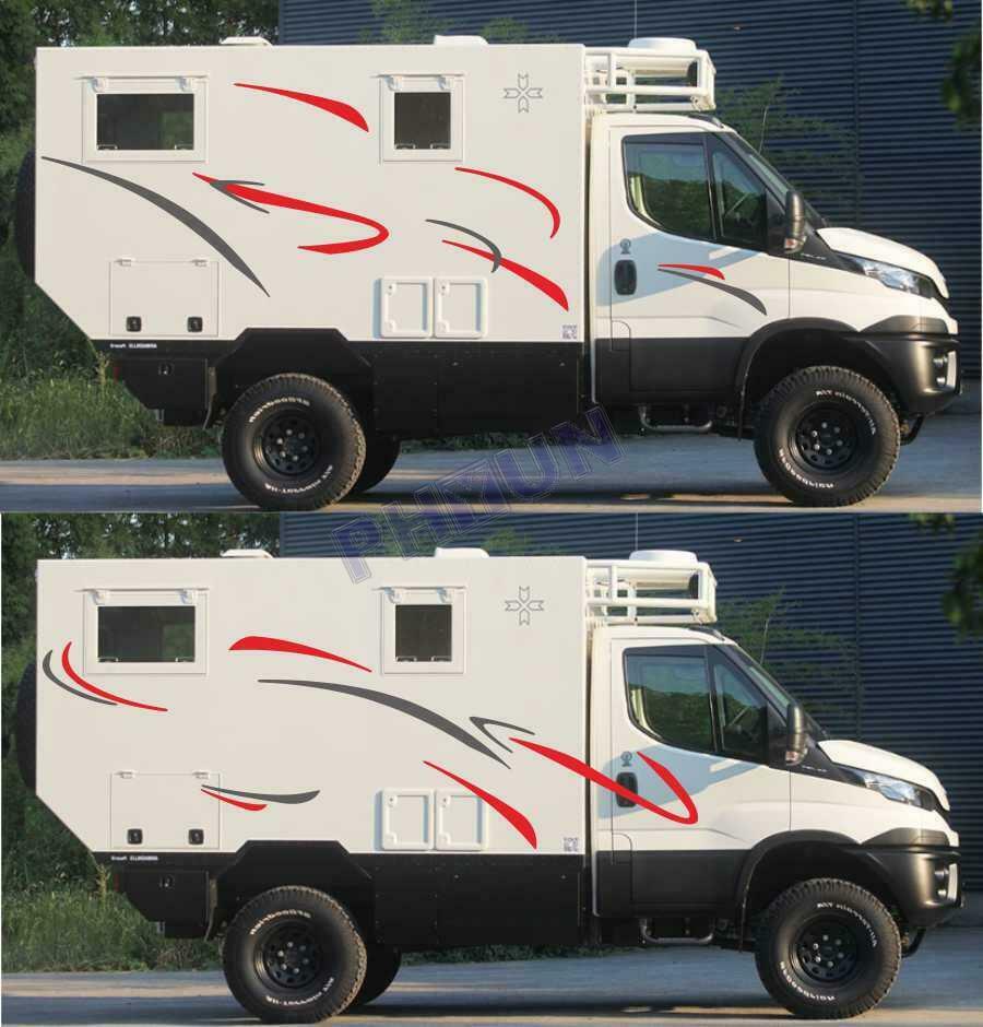 2x Car Red & Grey Stripes Decals Stickers For Caravan Travel Camper Van RV BUS