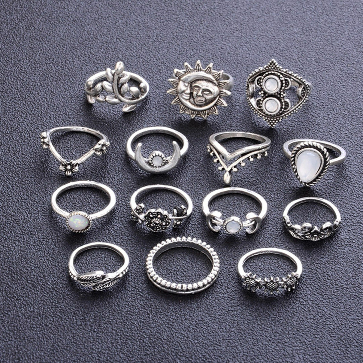 14 Pcs/set Boho Moon&Sun Knuckle Opal Rings Set Leaf Flower Midi Rings Jewelry