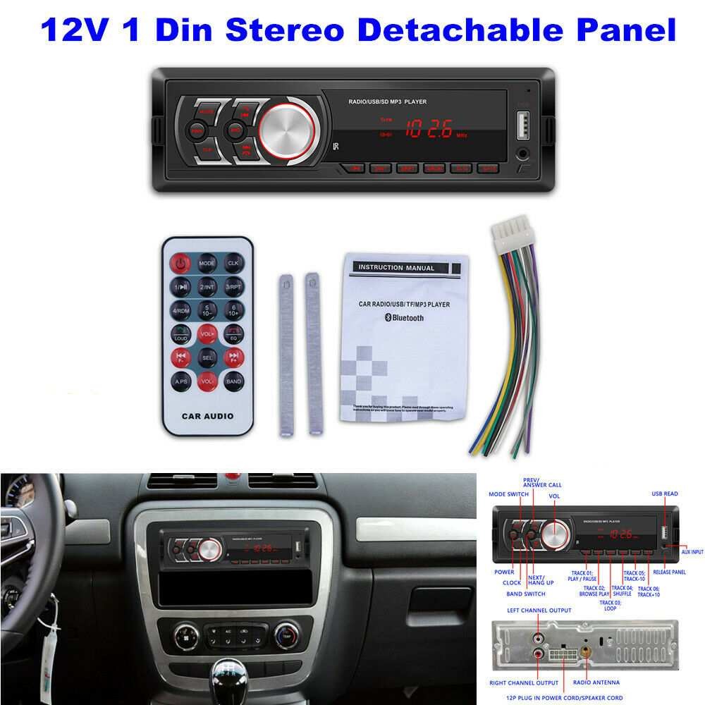 12V Universal Detachable Panel Car Bluetooth Radio FM USB MP3 Player RCA Output