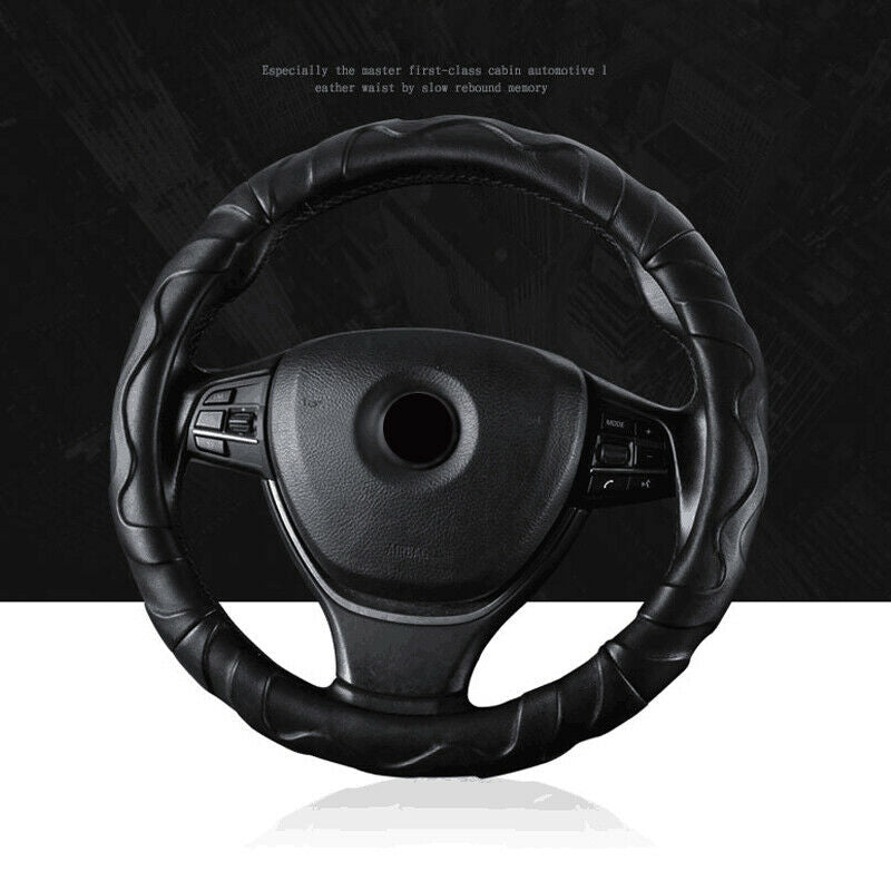 38CM Car Steering Wheel Cover Universal SUV Auto Black PU Leather Wear Non-slip