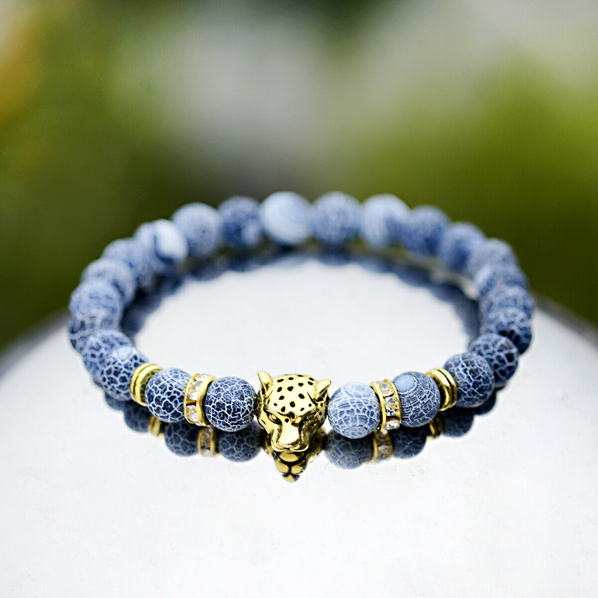 Fashion Man Leopard Head Beaded Bracelets Lava Rock Stone Beads Energy Bracelets