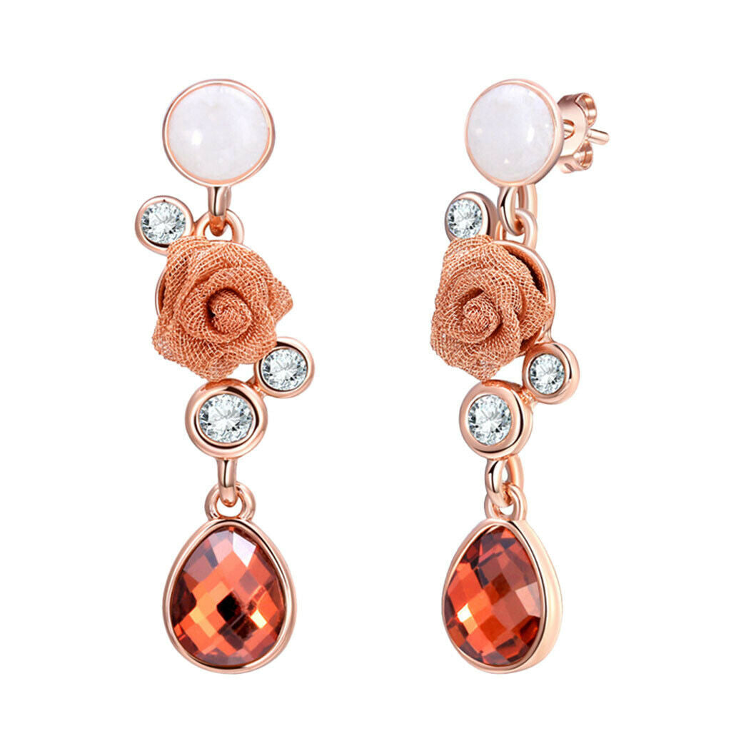 Chic Floral Roses Flower Drop Earrings Czech Drill Alloy Jewelry Accessories