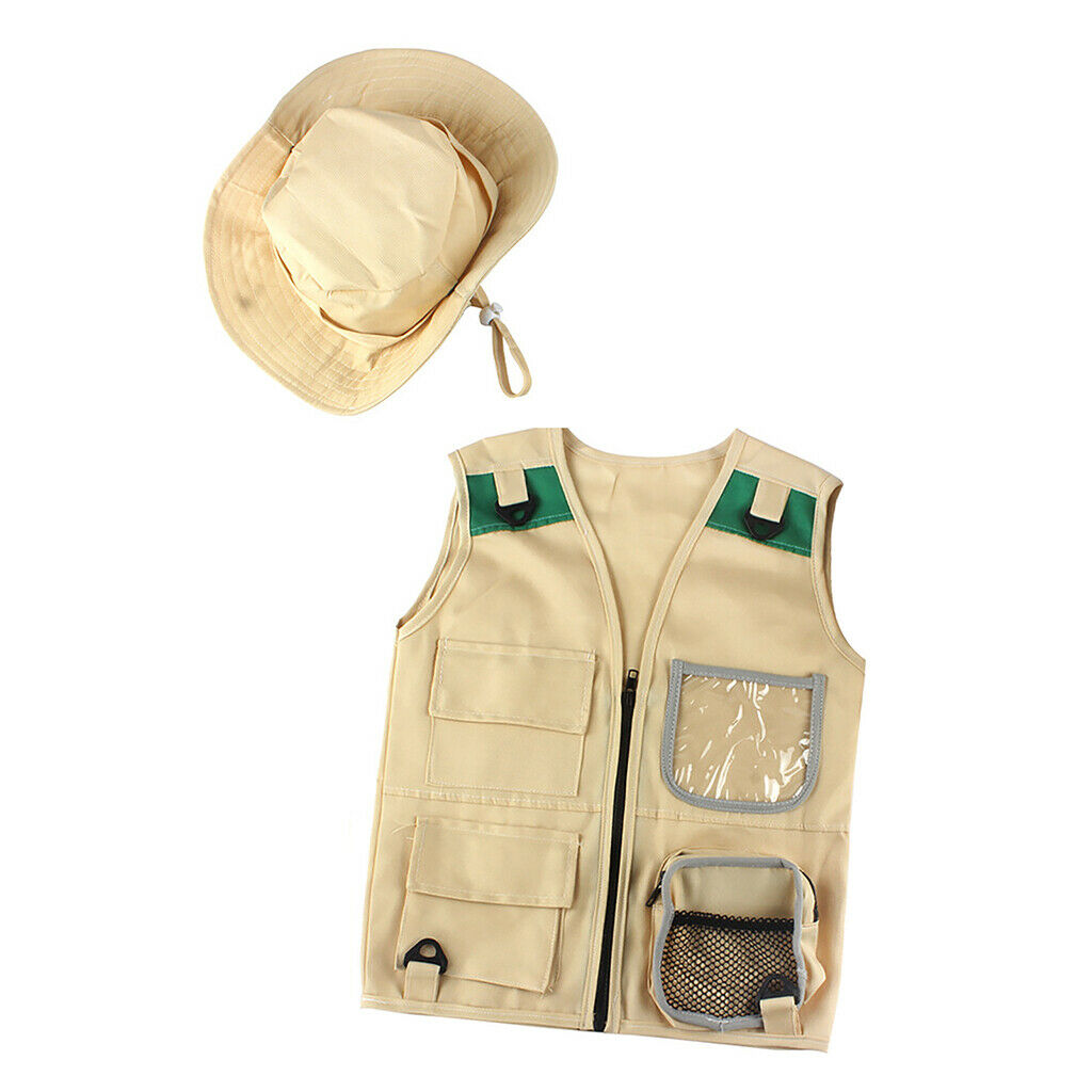 Cargo Vest & Hat for Boys Girls Hiking Outdoor Explorer Set Party Unisex